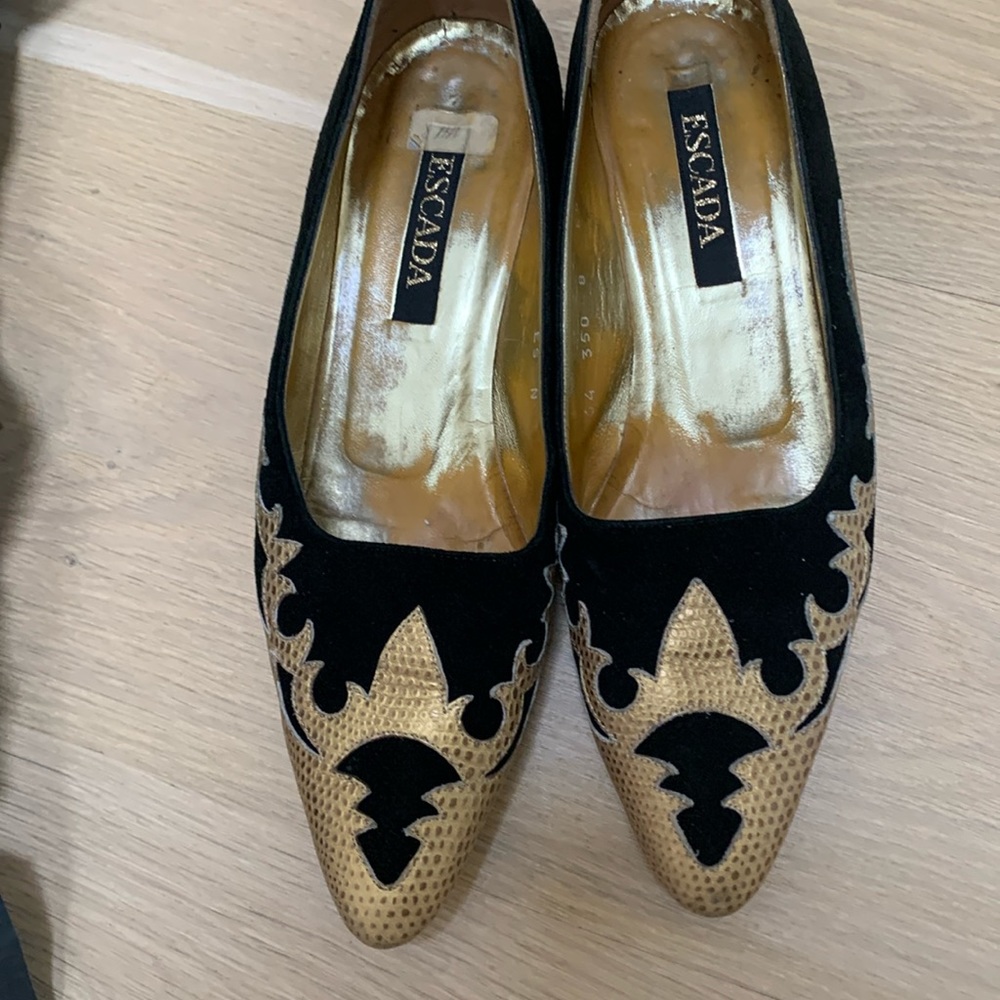 Beautiful Escada  black suede and gold  size 8 about 2 inch heel
